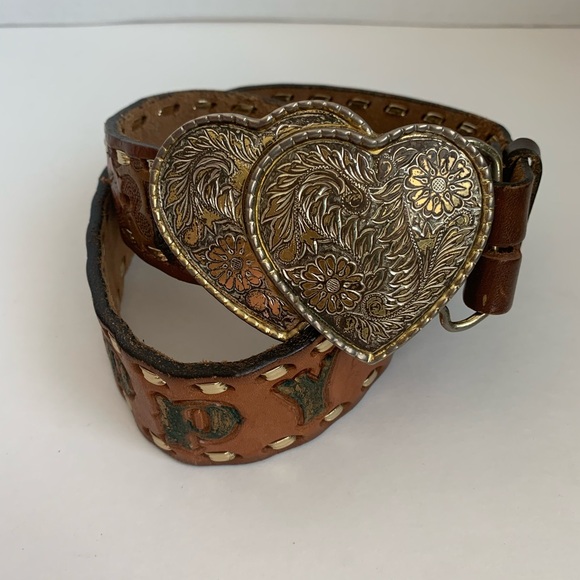 PRELOVED DOUBLE HEART HAPPY RIDING LEATHER BELT 30 INCHES